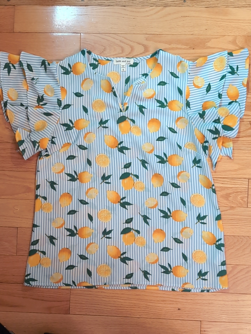 faith and joy Lemon Print Ruffle Sleeve Blouse in